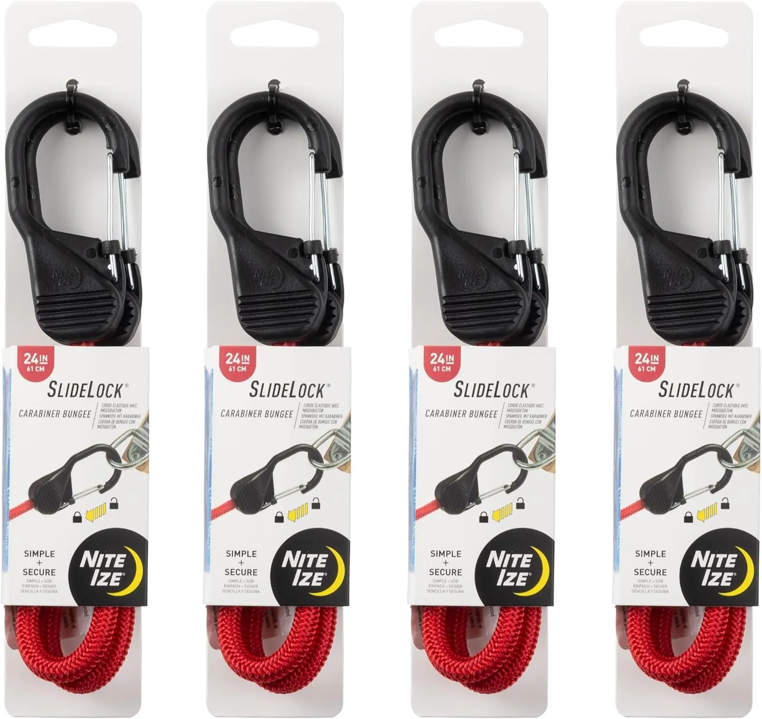 Nite Ize SlideLock Carabiner Bungee - Simple Carabiner Clip with Sliding Lock Feature - Adjustable Bungee Strap for Securing & Bundling Gear - 24", Red (4 Pack)