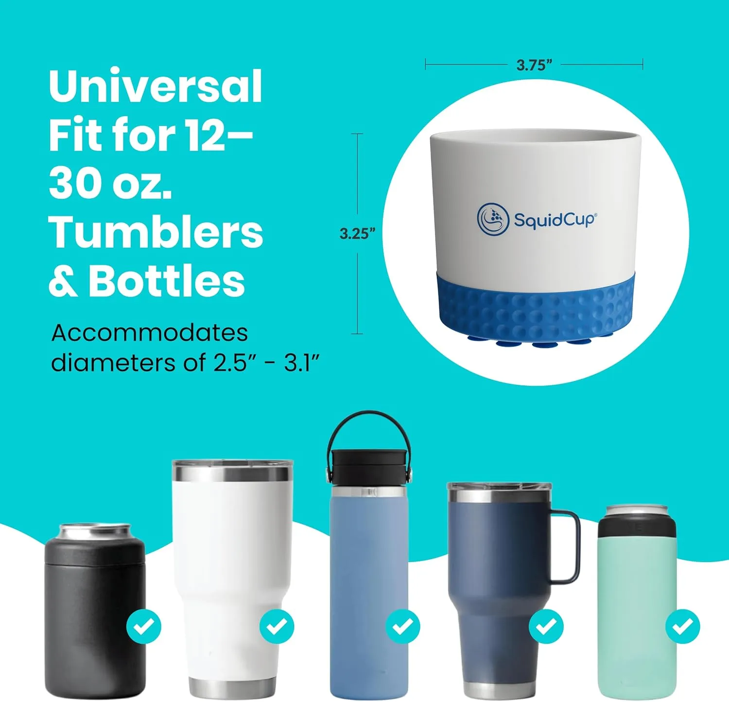 Non-Tipping, Anti-Spill Cup Holder for Boats, Kayaks, SUPs, RVs, Fishing & Camping | Universal 12–30 oz Fit | BPA-Free, Optional SquidDisk Mount Included for Textured Surfaces (Gray/Navy)
