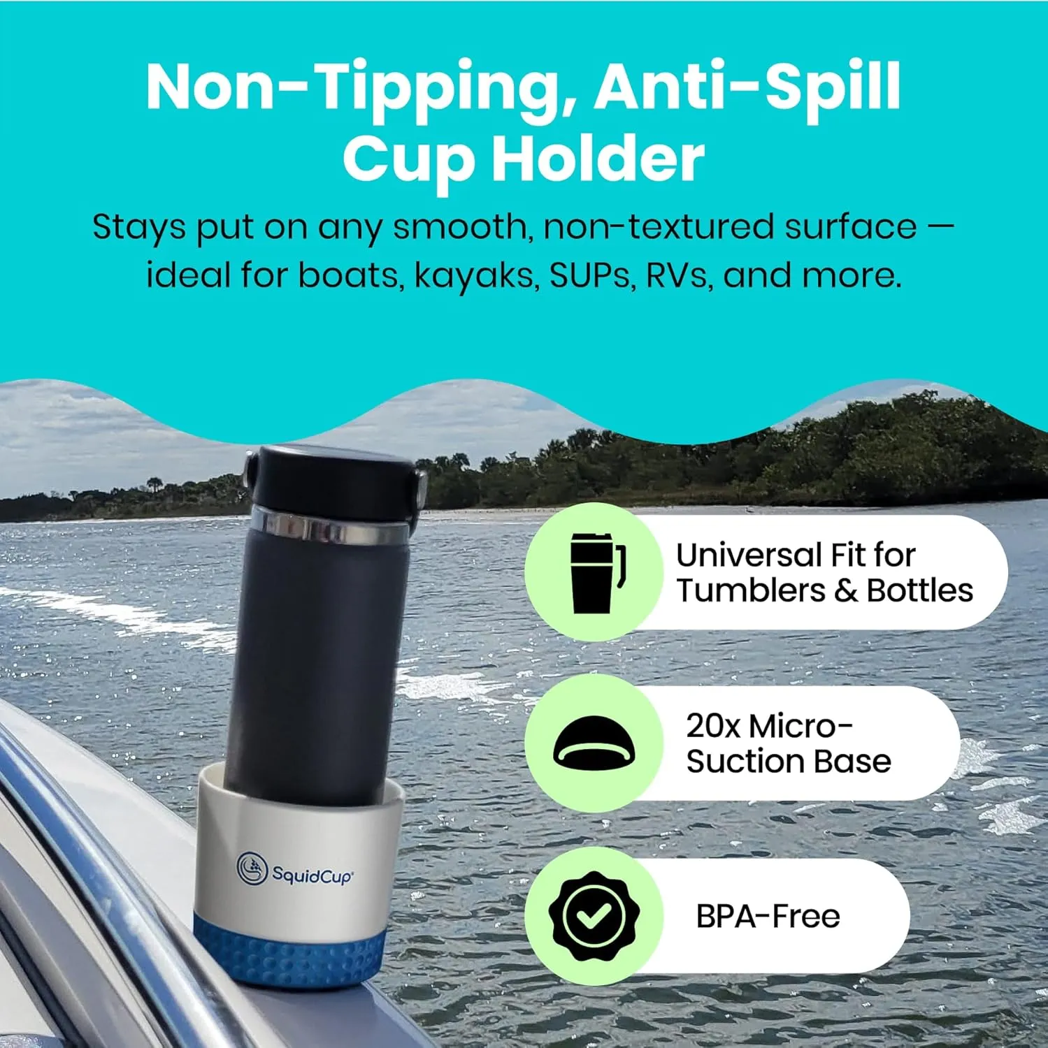 Non-Tipping, Anti-Spill Cup Holder for Boats, Kayaks, SUPs, RVs, Fishing & Camping | Universal 12–30 oz Fit | BPA-Free, Optional SquidDisk Mount Included for Textured Surfaces (Gray/Navy)
