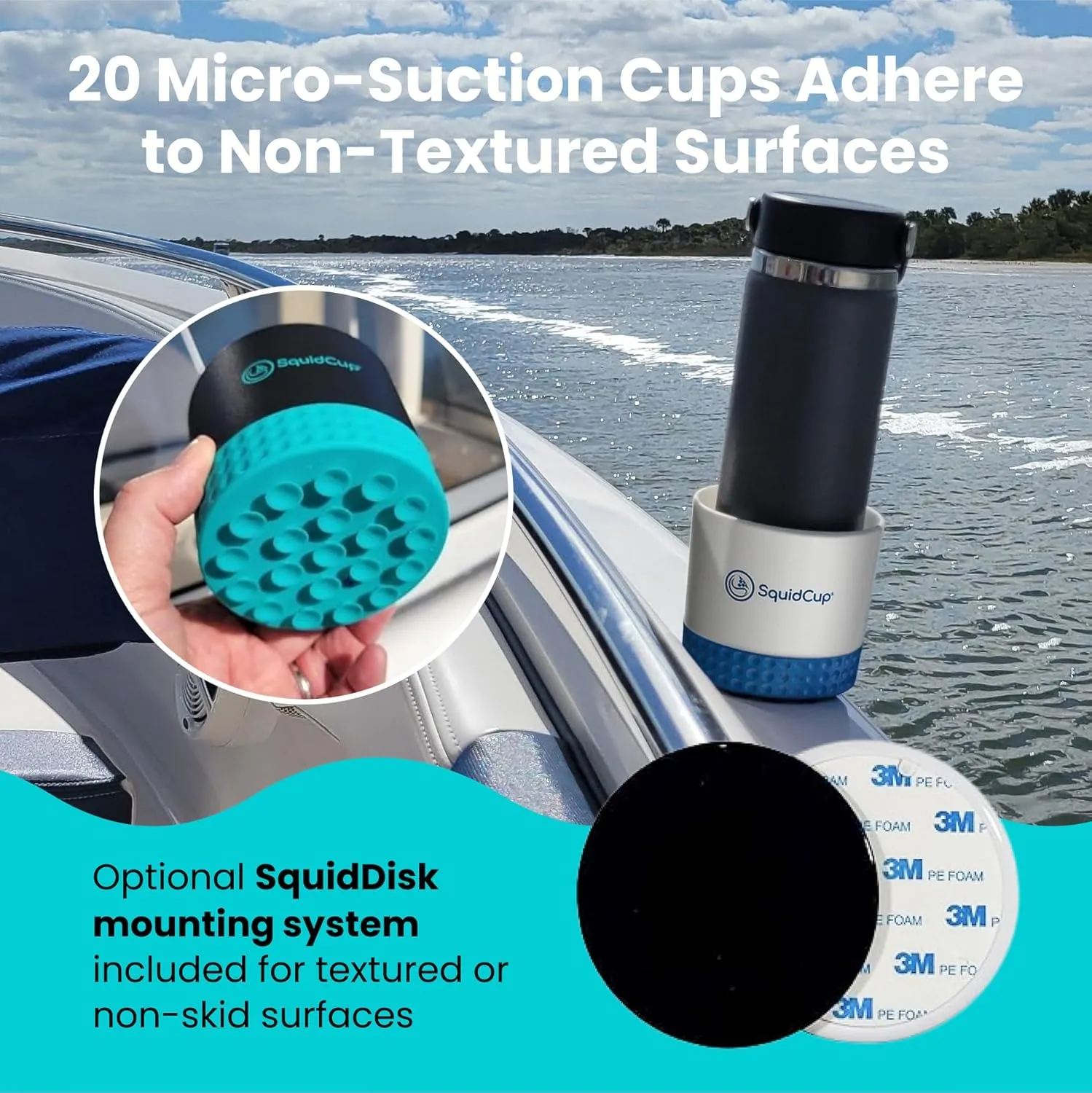 Non-Tipping, Anti-Spill Cup Holder for Boats, Kayaks, SUPs, RVs, Fishing & Camping | Universal 12–30 oz Fit | BPA-Free, Optional SquidDisk Mount Included for Textured Surfaces (Gray/Navy)