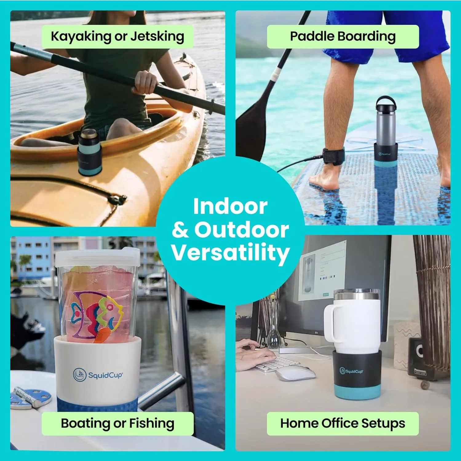 Non-Tipping, Anti-Spill Cup Holder for Boats, Kayaks, SUPs, RVs, Fishing & Camping | Universal 12–30 oz Fit | BPA-Free, Optional SquidDisk Mount Included for Textured Surfaces (Gray/Navy)