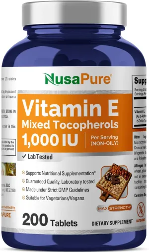 NusaPure Vitamin E 1000 IU 200 Tablets (Non-GMO, Gluten-Free) - Mixed Tocopherols