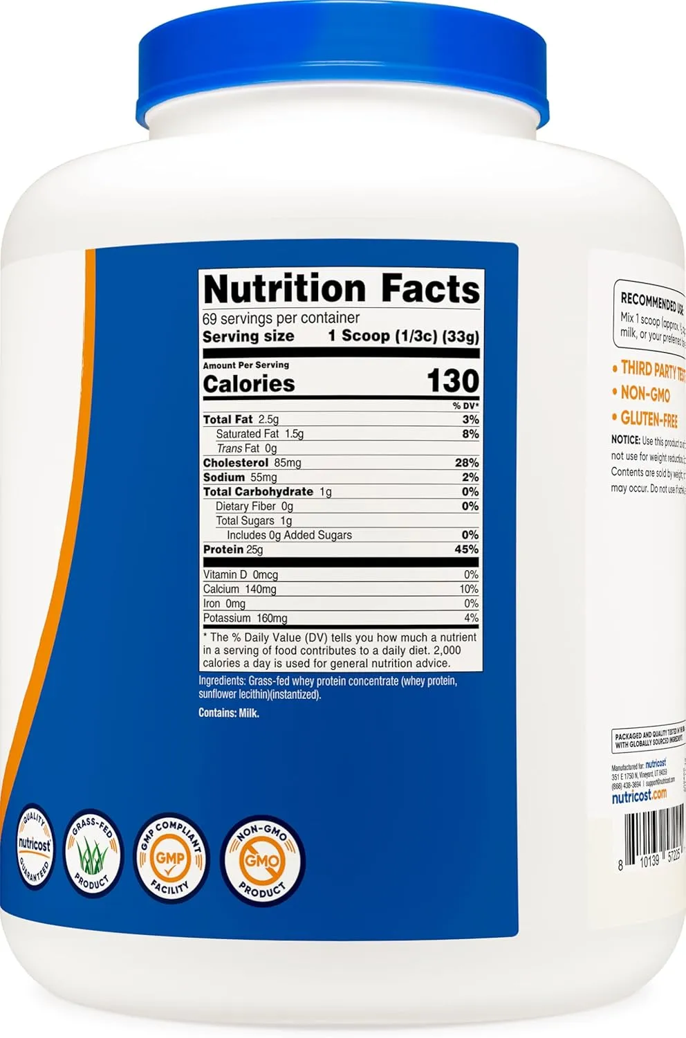 Nutricost Grass-Fed Whey Protein Concentrate (Unflavored) 5LBS - Undenatured, Non-GMO, Gluten Free
