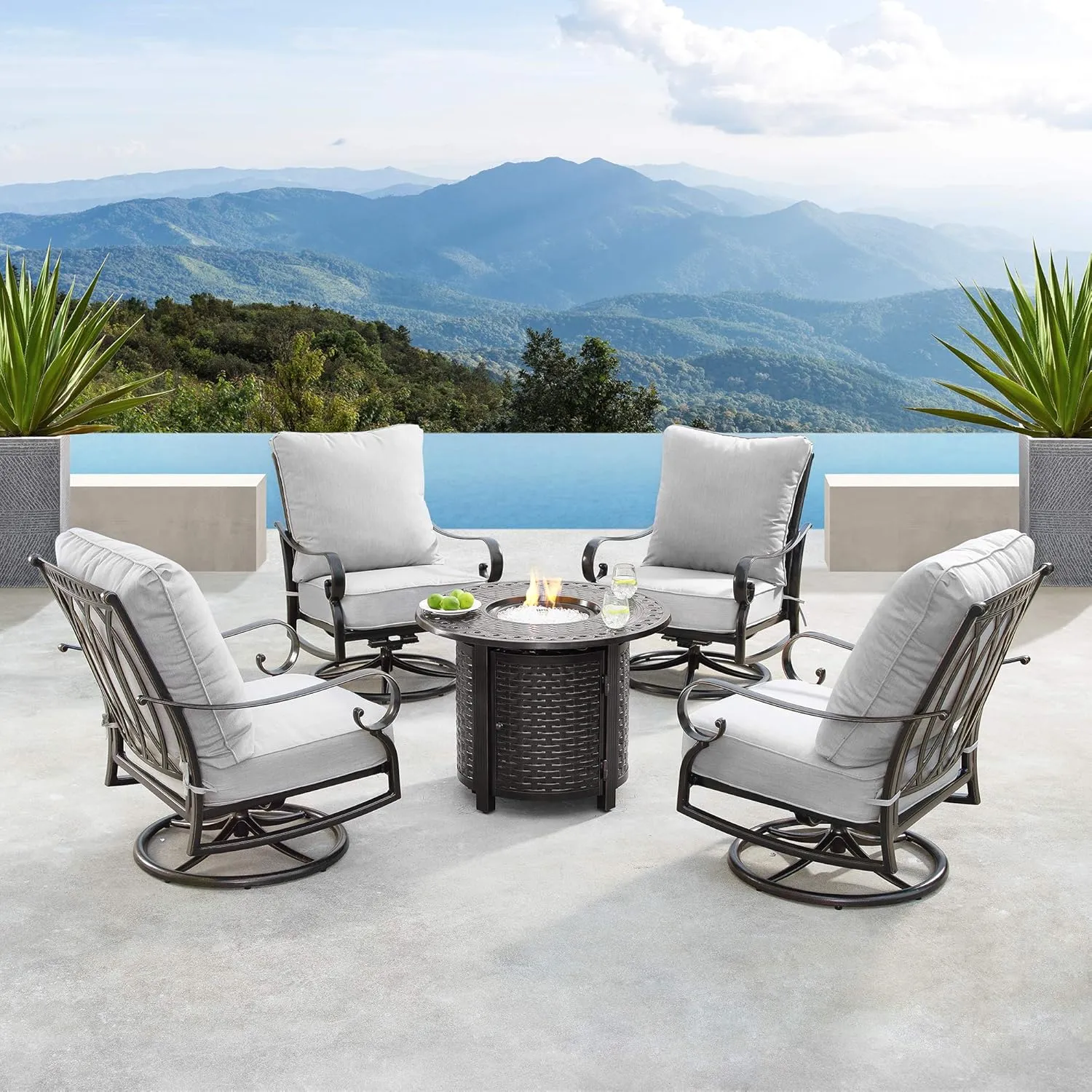 Oakland Living Aluminum 34 in. Round Table Four Deep Seating Swivel Rocking Chairs, Fire Beads, Lid and Fabric Covers Patio Furniture Set, Antique Copper, AZRICA-ROMERO-5PC-AC