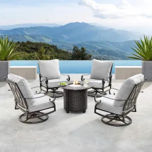 Oakland Living Aluminum 34 in. Round Table Four Deep Seating Swivel Rocking Chairs, Fire Beads, Lid and Fabric Covers Patio Furniture Set, Antique Copper, AZRICA-ROMERO-5PC-AC