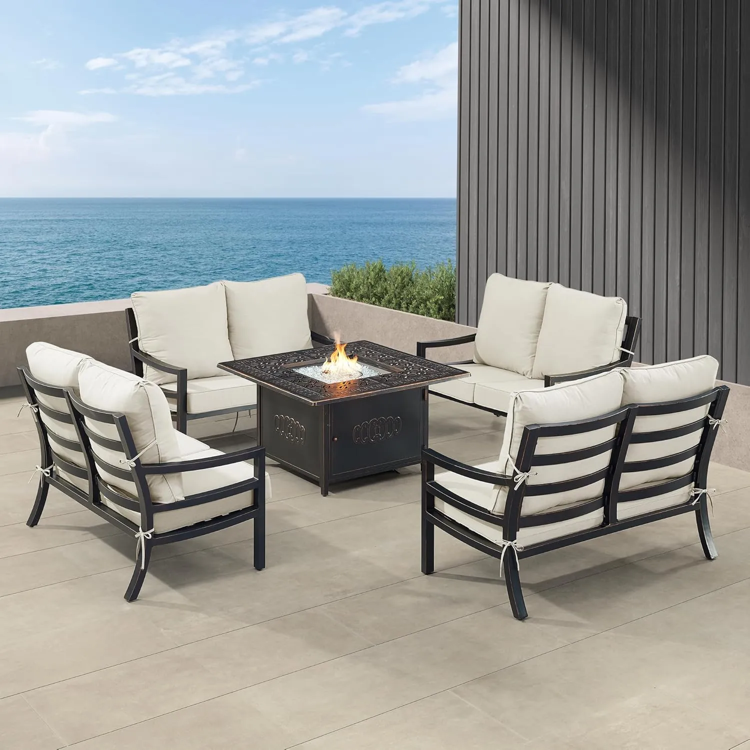 Oakland Living Black Aluminum Patio Fire Table Set with Four Deep Seating Loveseat with Cushions with Light Grey Cushions
