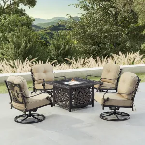 Oakland Living POPPY-4CH-MAYAN-TNCU-AC Black Aluminum Patio Fire Table Set with Four Club Chairs, Antique Copper