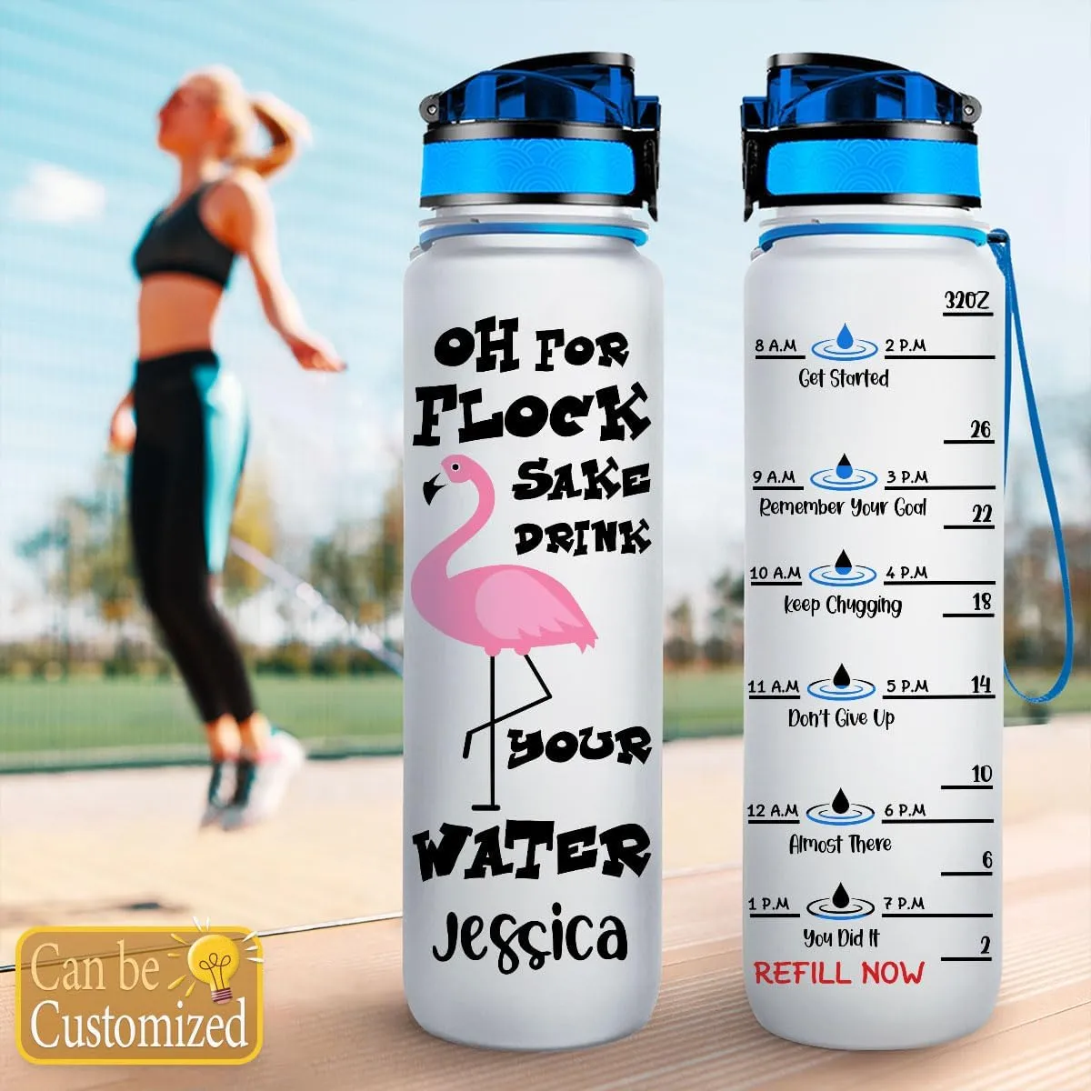 Oh For Flock Sake Drink Your Water Flamingo Farm Animal Motivational Tracker Working Out Water Bottle Sport Running Outdoor Time Marker Gift Idea Personalized Name 32oz