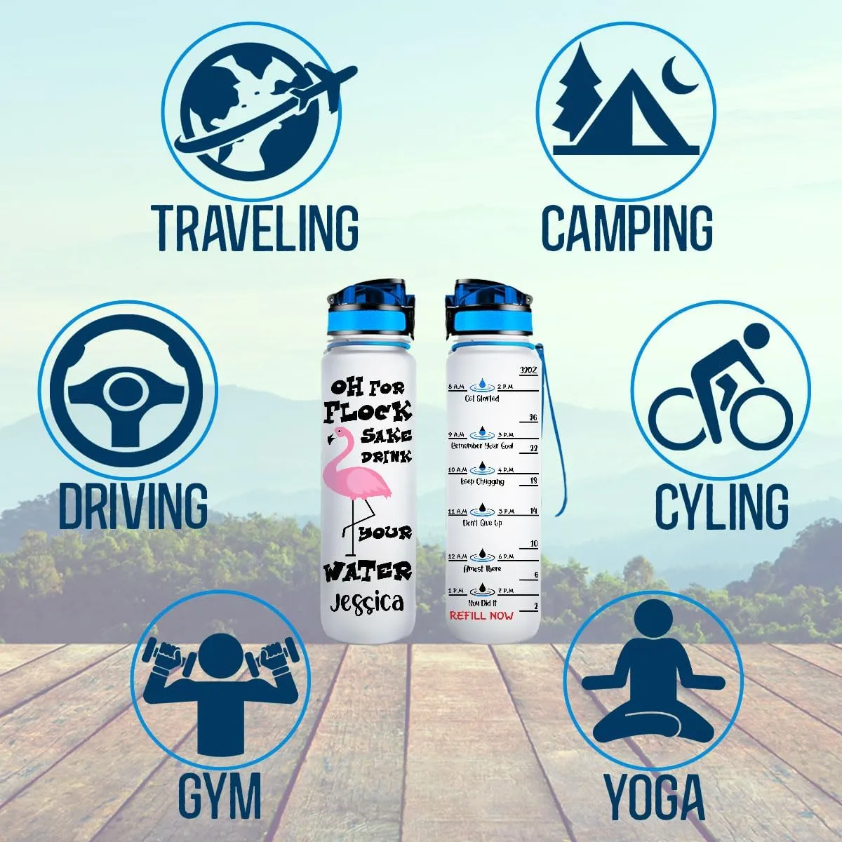 Oh For Flock Sake Drink Your Water Flamingo Farm Animal Motivational Tracker Working Out Water Bottle Sport Running Outdoor Time Marker Gift Idea Personalized Name 32oz