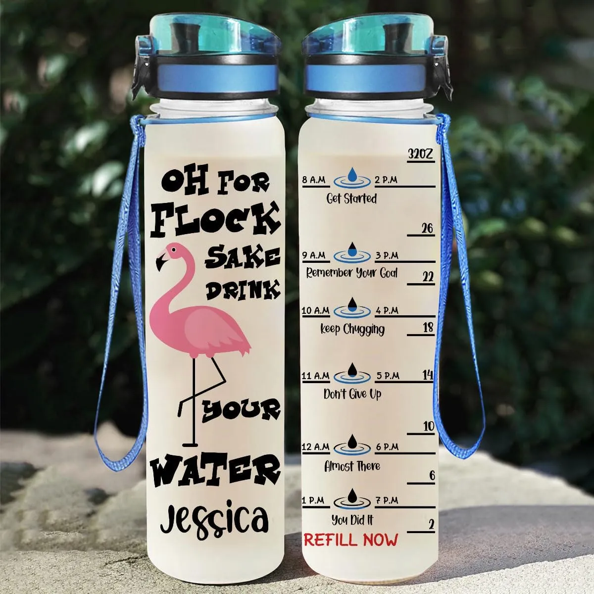 Oh For Flock Sake Drink Your Water Flamingo Farm Animal Motivational Tracker Working Out Water Bottle Sport Running Outdoor Time Marker Gift Idea Personalized Name 32oz