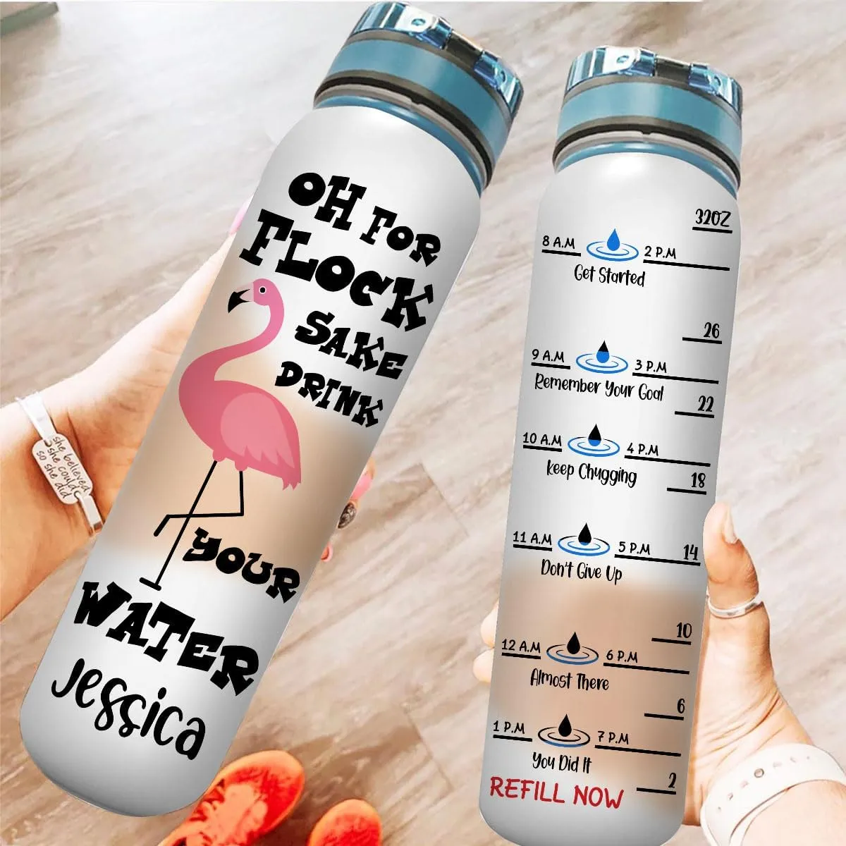 Oh For Flock Sake Drink Your Water Flamingo Farm Animal Motivational Tracker Working Out Water Bottle Sport Running Outdoor Time Marker Gift Idea Personalized Name 32oz
