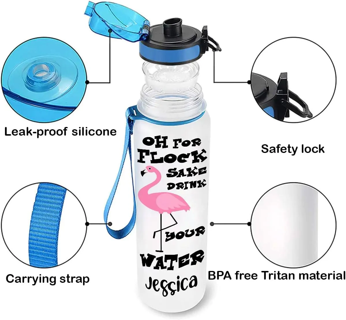 Oh For Flock Sake Drink Your Water Flamingo Farm Animal Motivational Tracker Working Out Water Bottle Sport Running Outdoor Time Marker Gift Idea Personalized Name 32oz