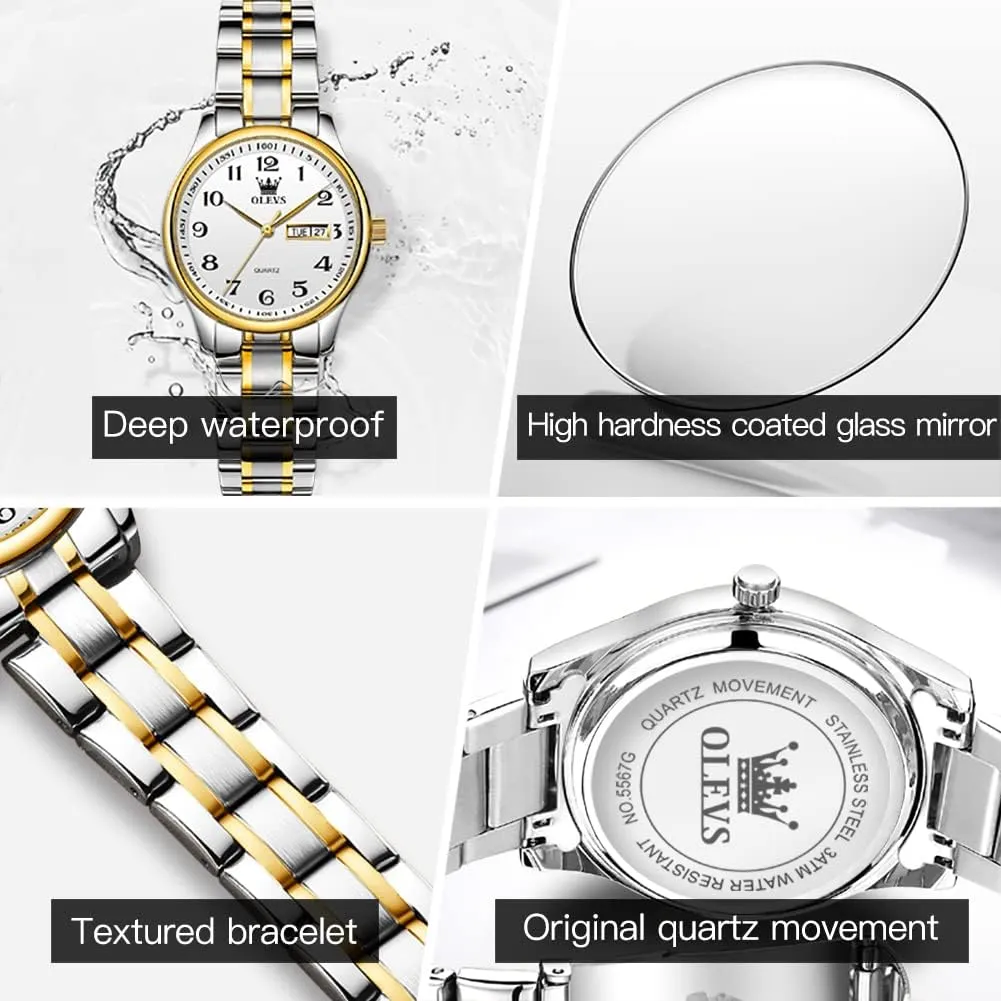 OLEVS Women Watches Business Dress Female Ladies for Small Wrist Watch Gold Silver Tone Stainless Steel Band Analog Quartz Day Date Waterproof Lady Watches