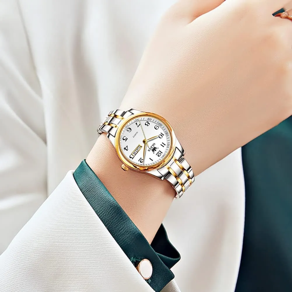 OLEVS Women Watches Business Dress Female Ladies for Small Wrist Watch Gold Silver Tone Stainless Steel Band Analog Quartz Day Date Waterproof Lady Watches