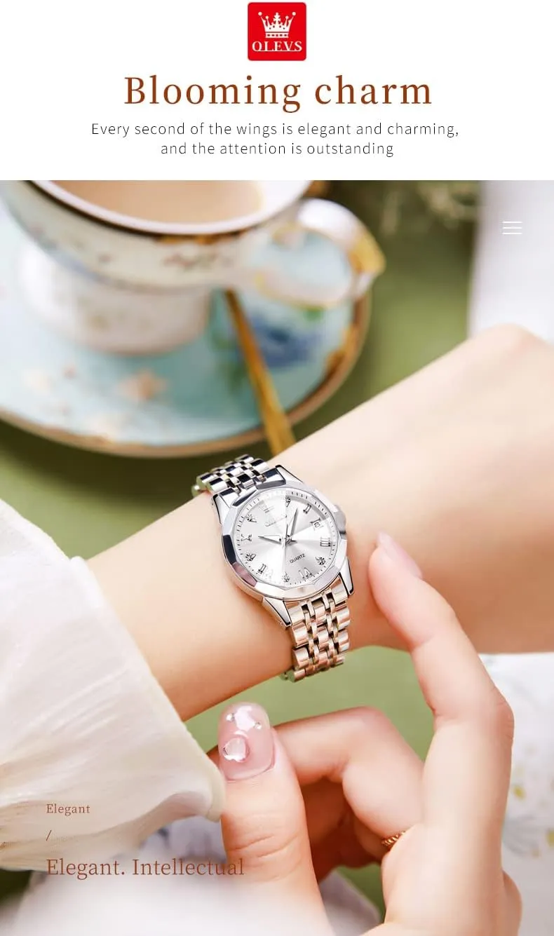 OLEVS Womens Watch Fashion Dress Diamond Female Watches for Ladies Analog Quartz Stainless Steel Waterproof Luminous Day Date Two Tone Wristwatch