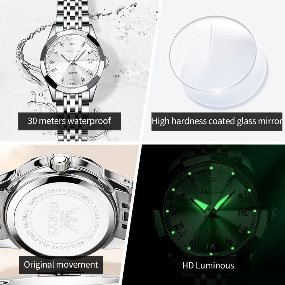 OLEVS Womens Watch Fashion Dress Diamond Female Watches for Ladies Analog Quartz Stainless Steel Waterproof Luminous Day Date Two Tone Wristwatch