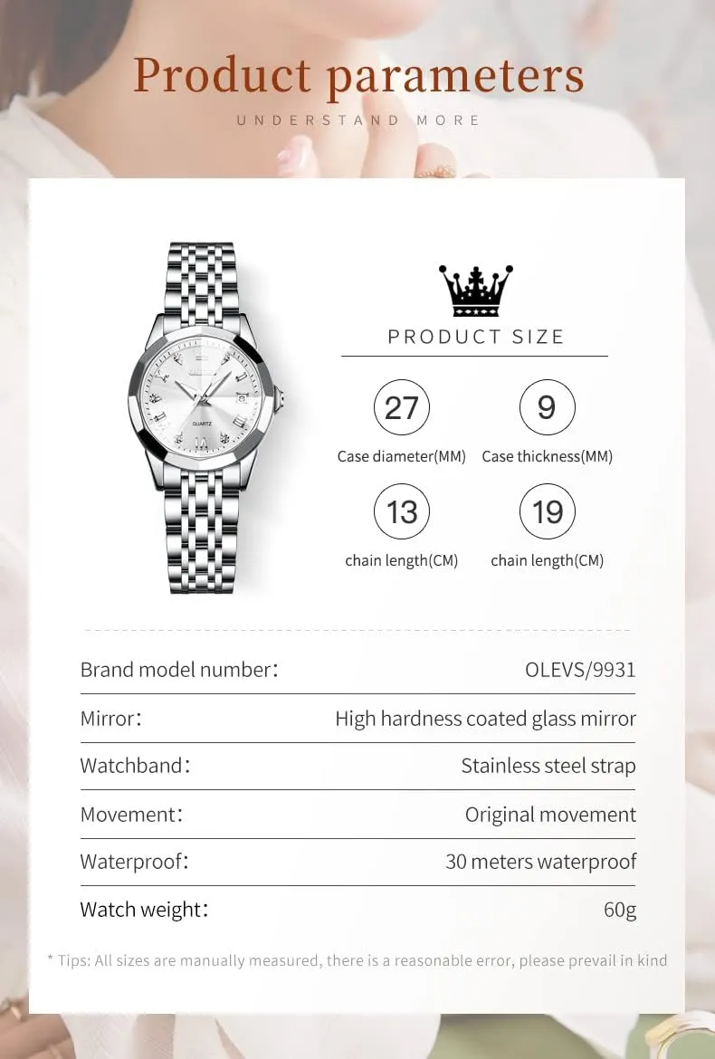 OLEVS Womens Watch Fashion Dress Diamond Female Watches for Ladies Analog Quartz Stainless Steel Waterproof Luminous Day Date Two Tone Wristwatch