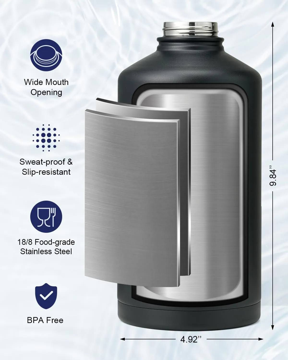 One Gallon Water Bottle Insulated,128 oz Large Food-Grade Stainless Steel Water Bottle (Cold for 48 Hrs), Leak Proof & Non-BPA, Large Water Flask Jug with Paracord Handle & Straw Spout Lids,Black