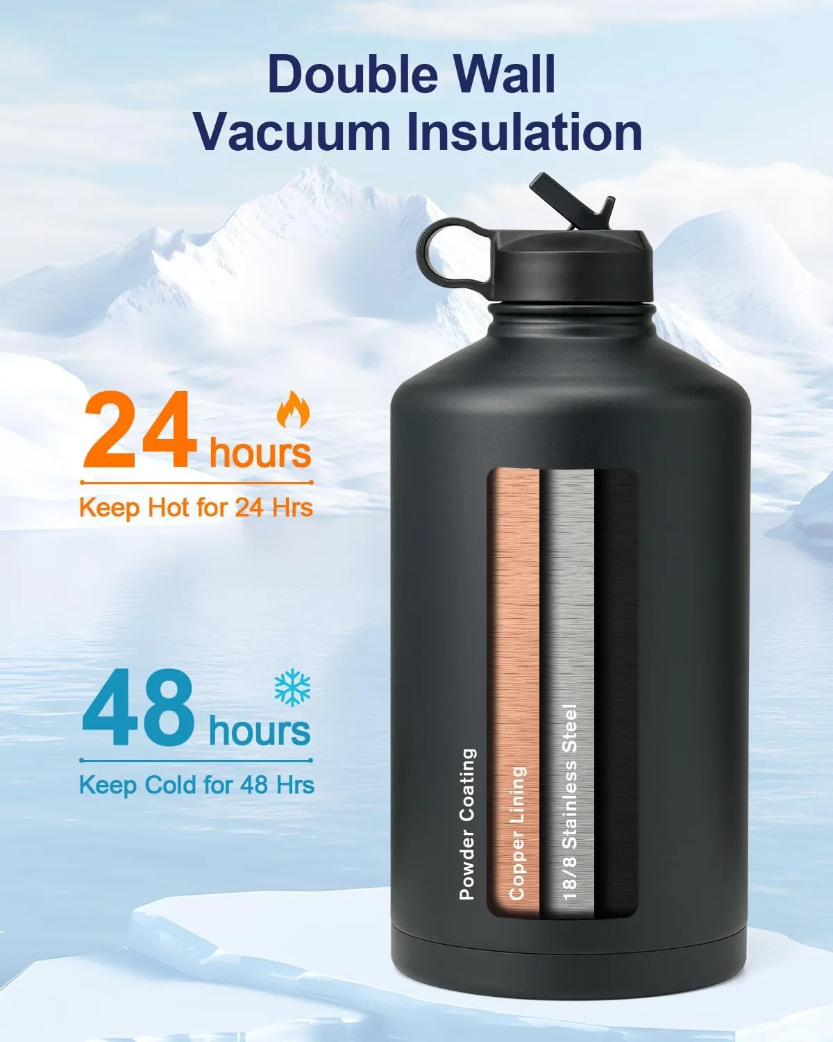 One Gallon Water Bottle Insulated,128 oz Large Food-Grade Stainless Steel Water Bottle (Cold for 48 Hrs), Leak Proof & Non-BPA, Large Water Flask Jug with Paracord Handle & Straw Spout Lids,Black