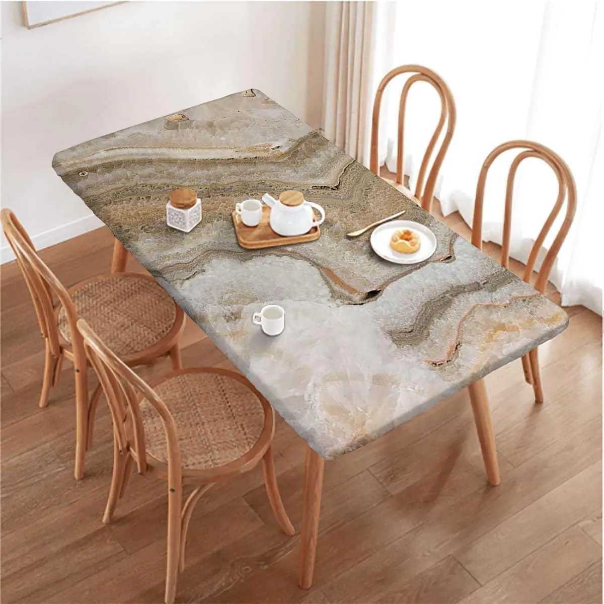 OOzie Cinnamon Grey Elastic Edged Table Covers Marble Print Surreal Onyx Stone Fitted Rectangular Table Cloth with Elastic Rim Abstract Fits up 5 Foot Tables