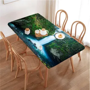 OOzie Green Elastic Edge Fitted Table Cloth, Waterfall Flows Under an Ancient Stone Bridge Indoor or Outdoor Fitted Table Covers for Banquet Tables Apartment Fits up 5 Foot Tables
