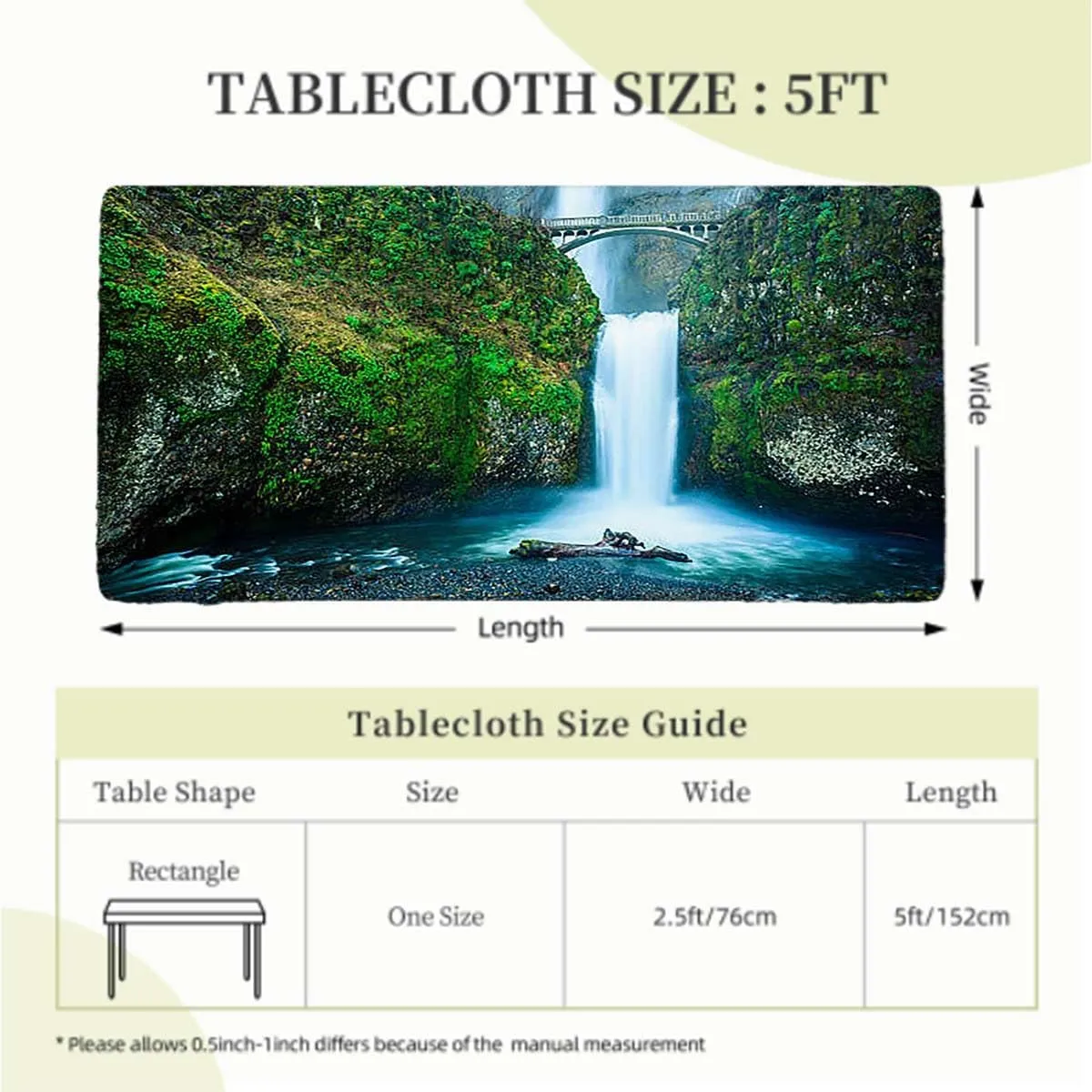 OOzie Green Elastic Edge Fitted Table Cloth, Waterfall Flows Under an Ancient Stone Bridge Indoor or Outdoor Fitted Table Covers for Banquet Tables Apartment Fits up 5 Foot Tables