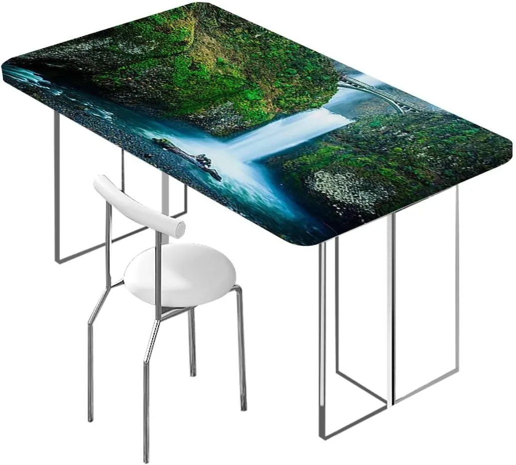 OOzie Green Elastic Edge Fitted Table Cloth, Waterfall Flows Under an Ancient Stone Bridge Indoor or Outdoor Fitted Table Covers for Banquet Tables Apartment Fits up 5 Foot Tables