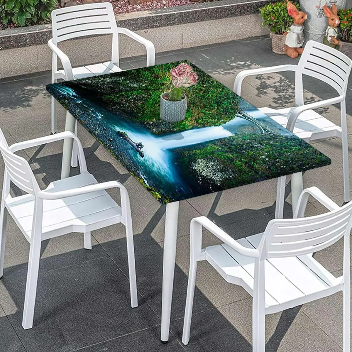 OOzie Green Elastic Edge Fitted Table Cloth, Waterfall Flows Under an Ancient Stone Bridge Indoor or Outdoor Fitted Table Covers for Banquet Tables Apartment Fits up 5 Foot Tables