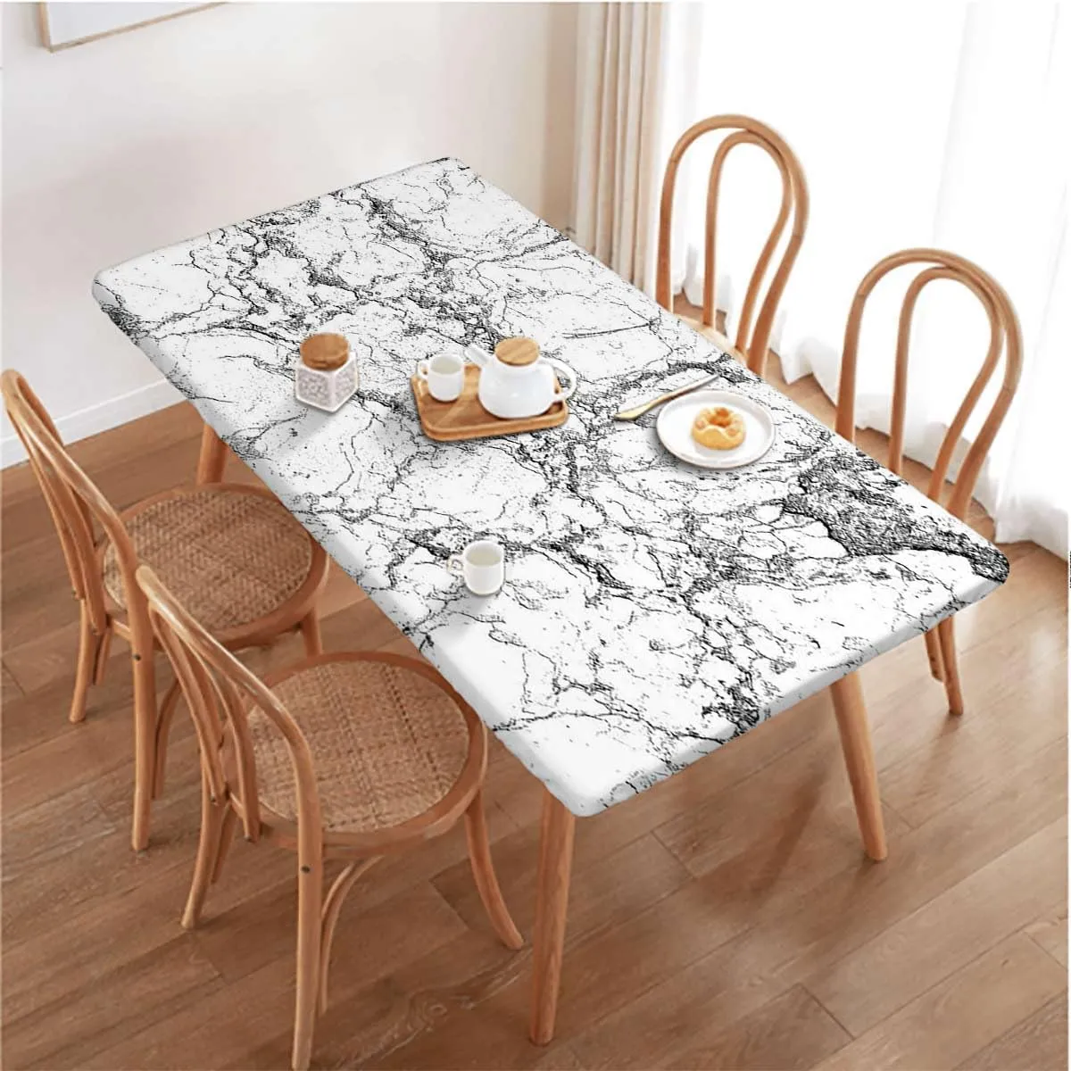 OOzie Grey White Rectangle Elastic Fitted Tablecloth Murky Marble Rock Motifs Abstract Tablecloth Elastic Edge Fitted Table Cover Leaves Abstract Fits up 4 Foot Tables