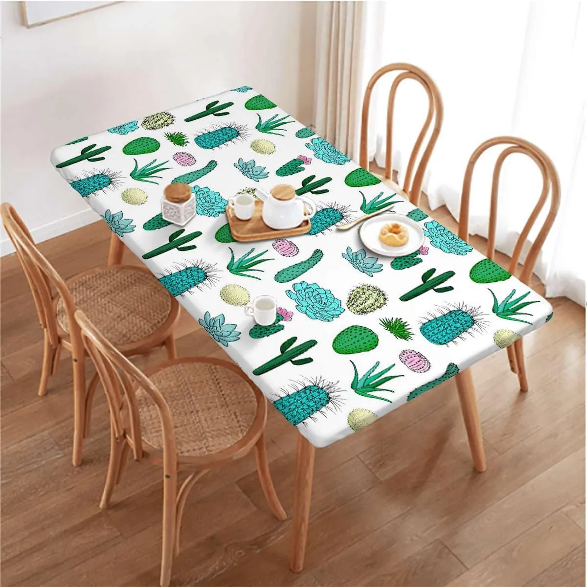 OOzie White Light Pink and Green Folding Table Cover Plants Spikes Cartoon Art Washable Picnic Table Cover Indoor Outdoor Elastic Tablecloth Cactus Fits up 5 Foot Tables