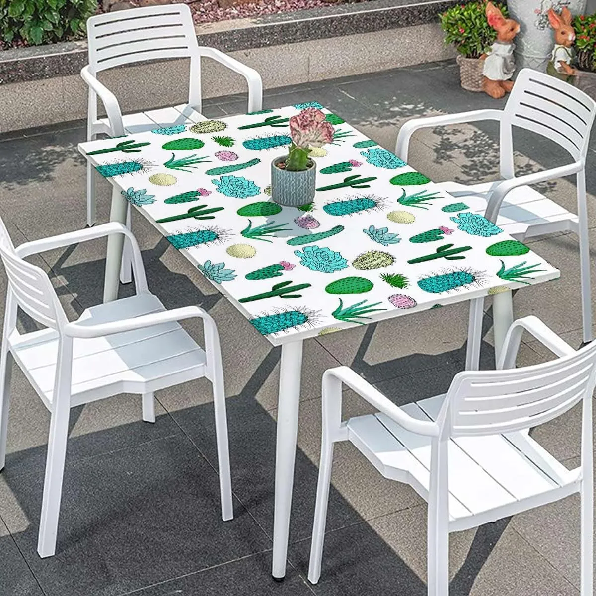 OOzie White Light Pink and Green Folding Table Cover Plants Spikes Cartoon Art Washable Picnic Table Cover Indoor Outdoor Elastic Tablecloth Cactus Fits up 5 Foot Tables