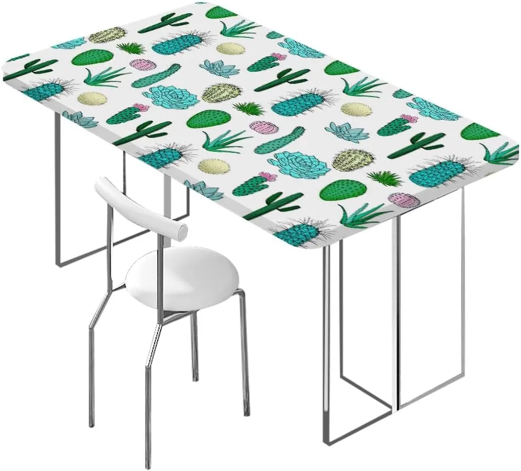 OOzie White Light Pink and Green Folding Table Cover Plants Spikes Cartoon Art Washable Picnic Table Cover Indoor Outdoor Elastic Tablecloth Cactus Fits up 5 Foot Tables