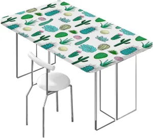 OOzie White Light Pink and Green Folding Table Cover Plants Spikes Cartoon Art Washable Picnic Table Cover Indoor Outdoor Elastic Tablecloth Cactus Fits up 5 Foot Tables