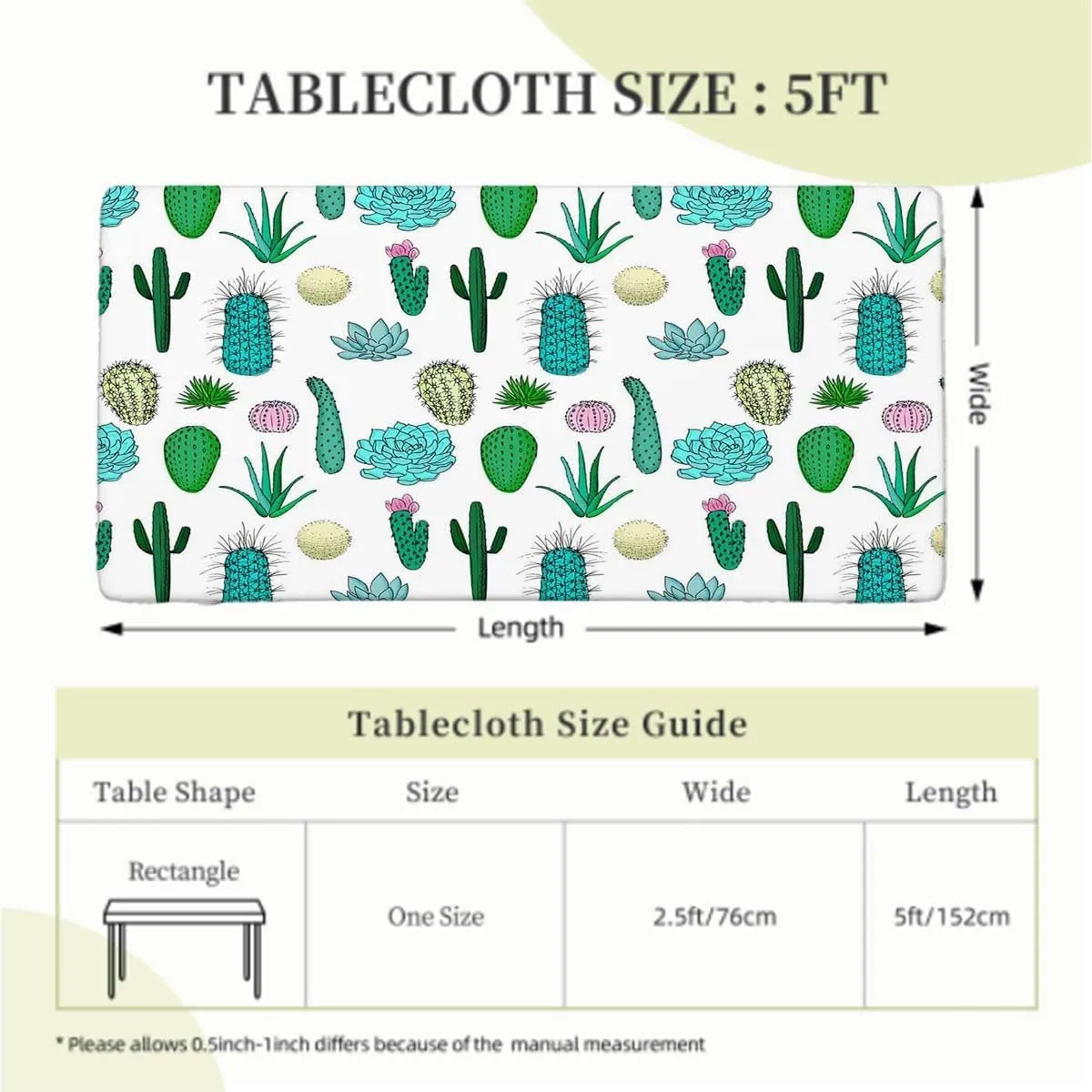 OOzie White Light Pink and Green Folding Table Cover Plants Spikes Cartoon Art Washable Picnic Table Cover Indoor Outdoor Elastic Tablecloth Cactus Fits up 5 Foot Tables