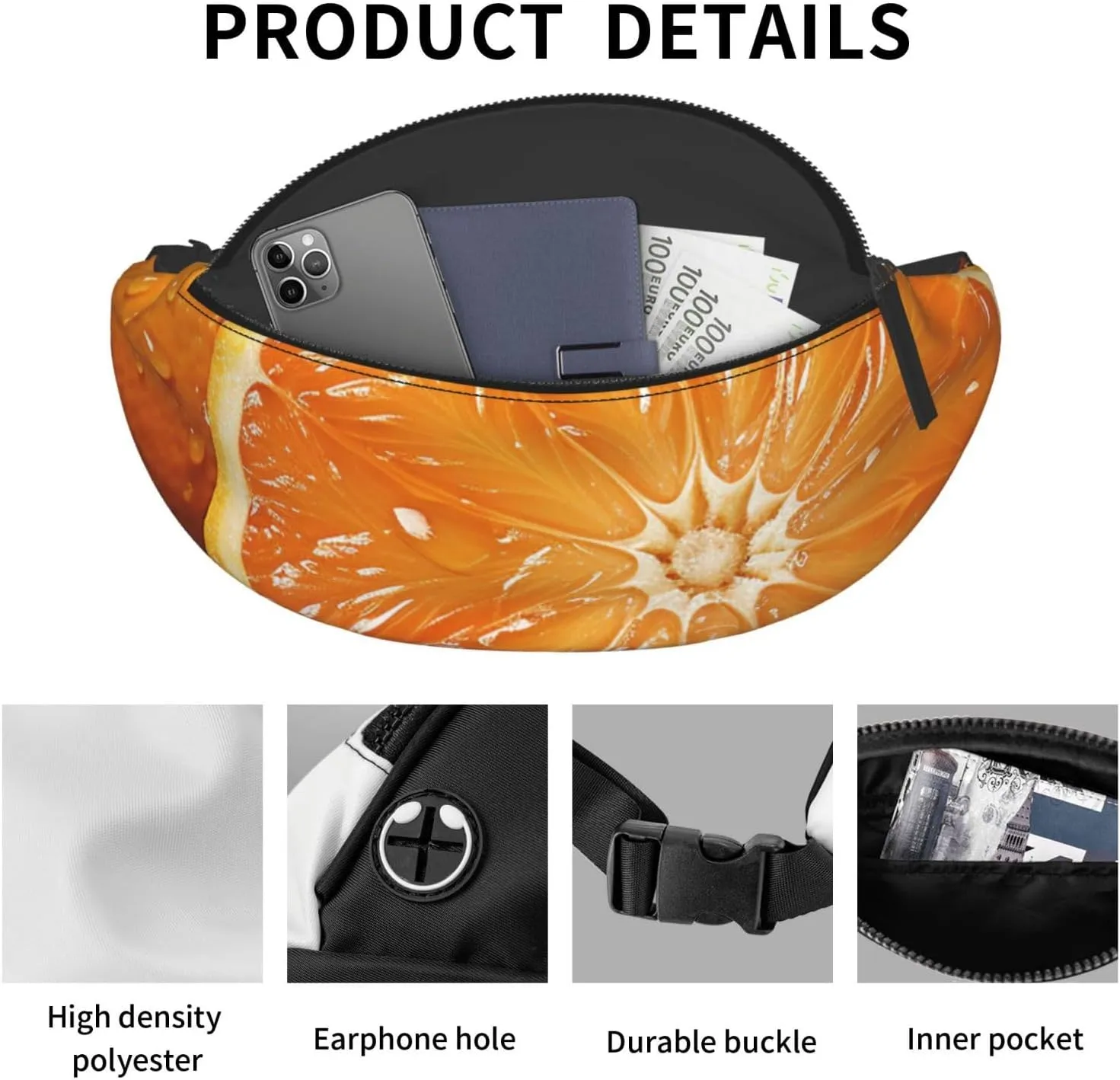 Orange Fanny Pack for Man Women Waist Bag Adjustable Belt Casual Chest Bag Bum Bags for Travel Sports Running Hiking Waist Packs