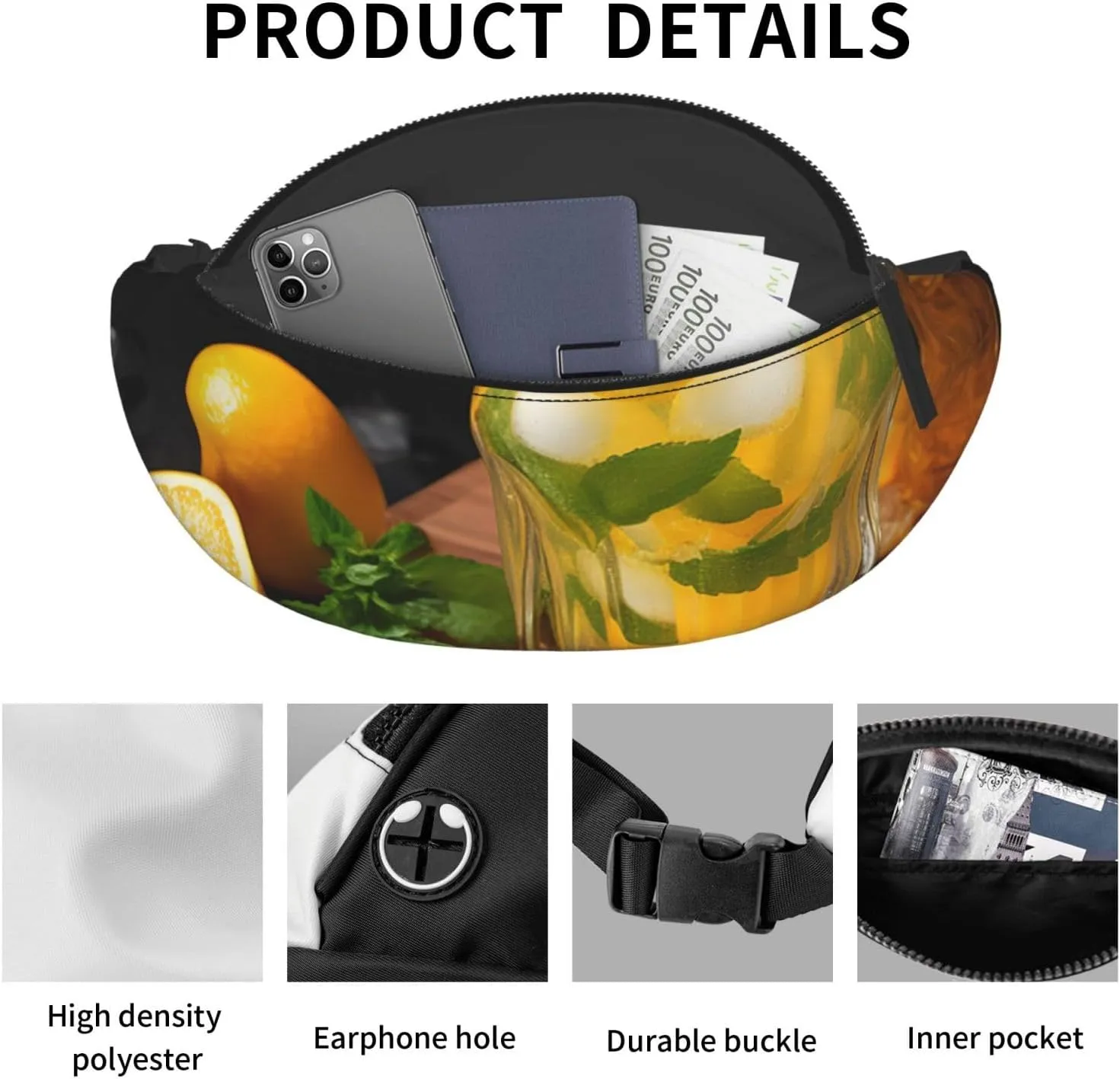 Orange Lemonade with Mint Fanny Pack for Man Women Waist Bag Adjustable Belt Casual Chest Bag Bum Bags for Travel Sports Running Hiking Waist Packs