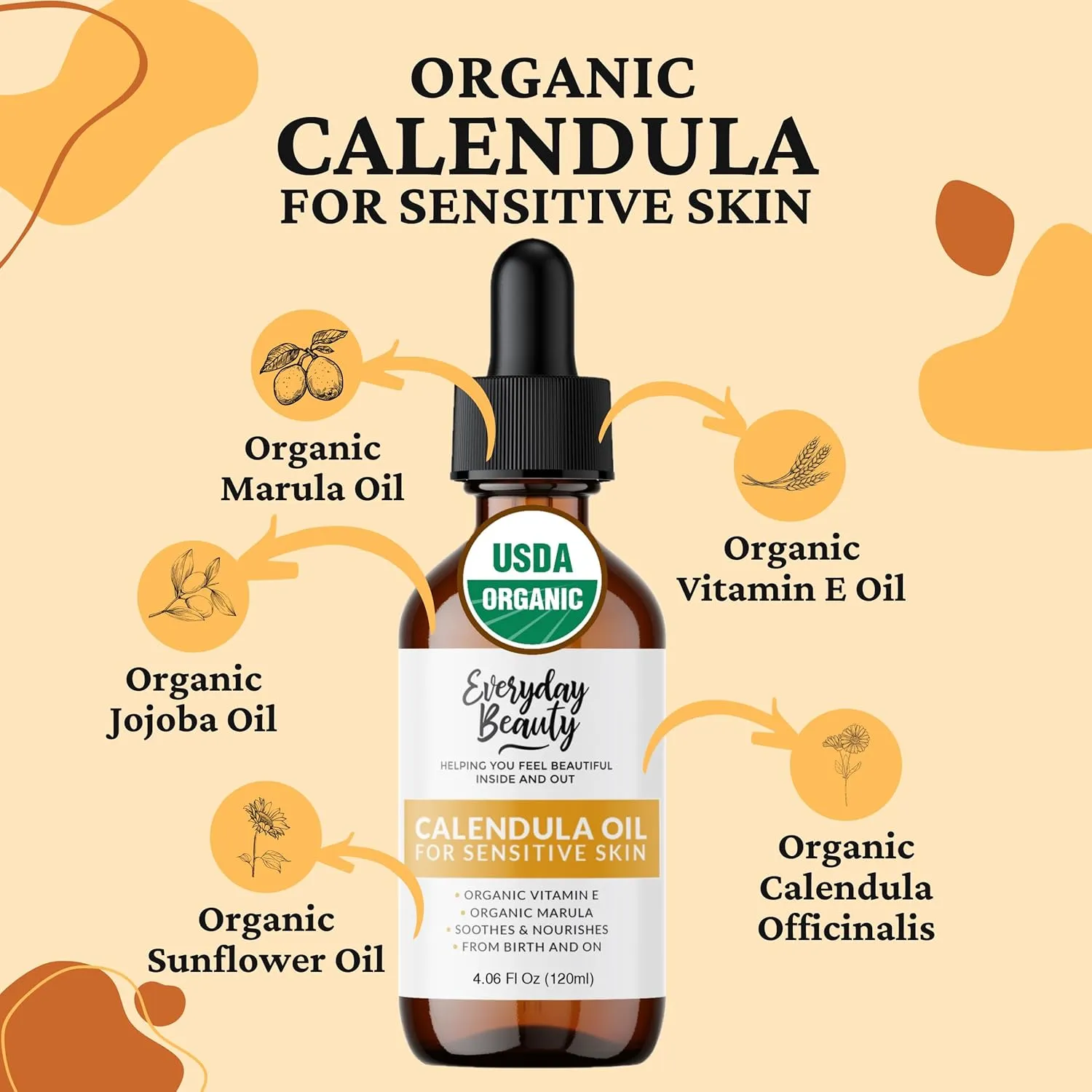 Organic Calendula Oil For Sensitive Skin - USDA Certified 100% Plant Based, Lightweight & Unscented Gentle Soothing Oil For Sensitive Skin - For Face, All Over - Large 4.06 Fl Oz Glass & Dropper