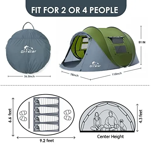 Orrstar Pop Up Tents for Camping 4 Person Waterproof Family Tent