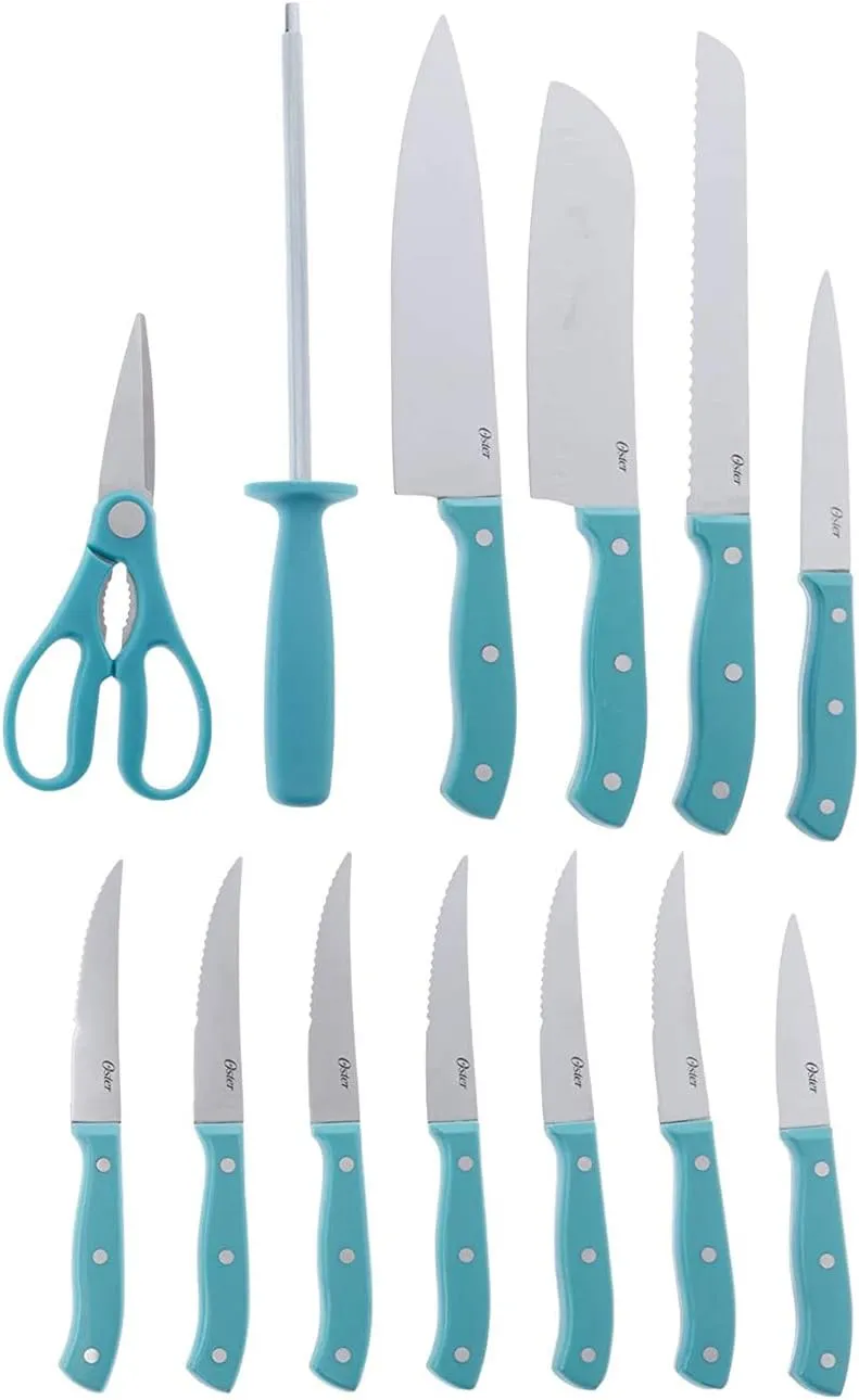 Oster Evansville 14 Piece Cutlery Set, Stainless Steel with Turquoise Handles -