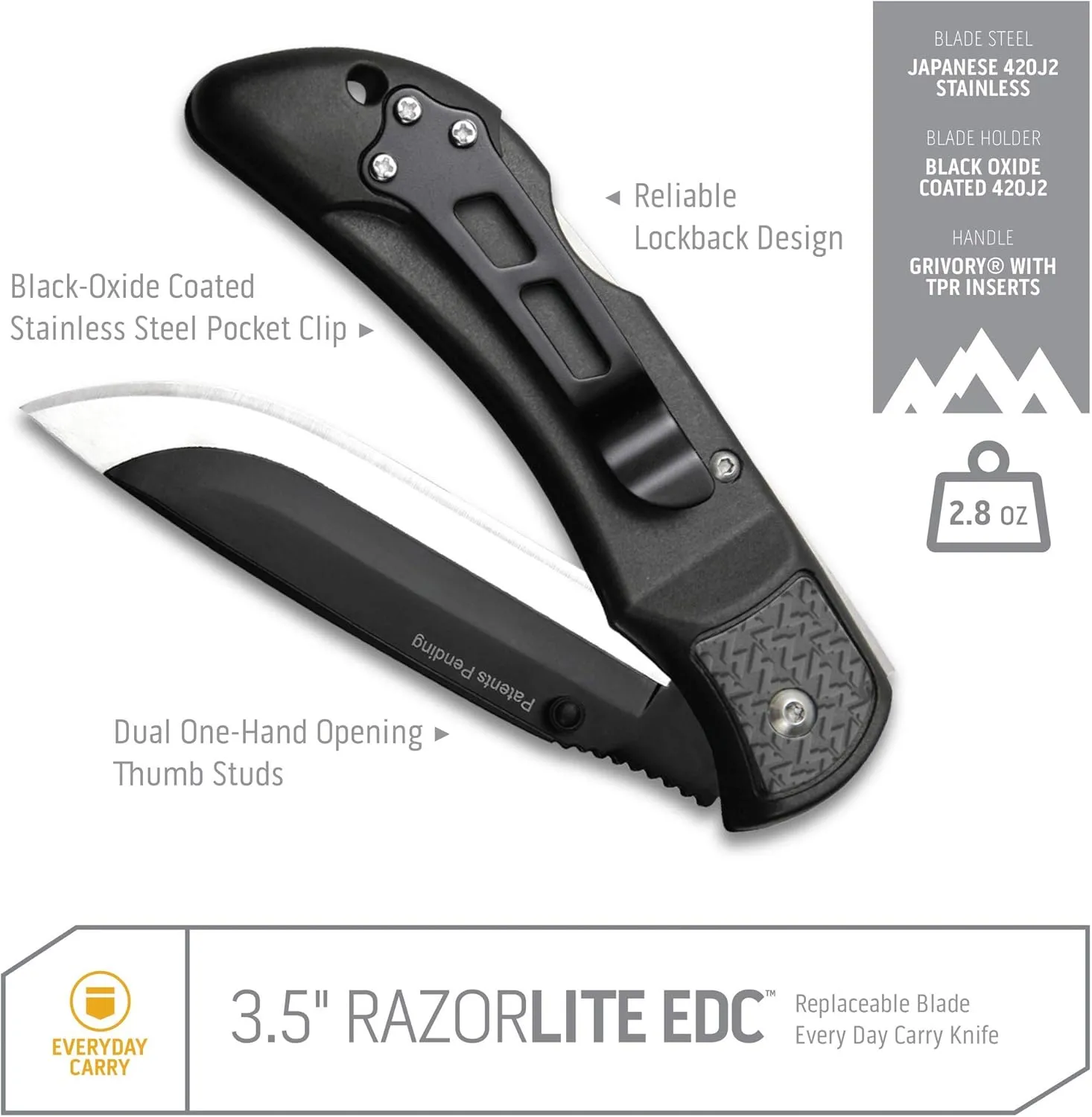 OUTDOOR EDGE 3.5" RazorLite EDC Knife. Pocket Knife with Replaceable Blades and Clip. Perfect For Hunting and Skinning Deer. Gray with 6 Blades
