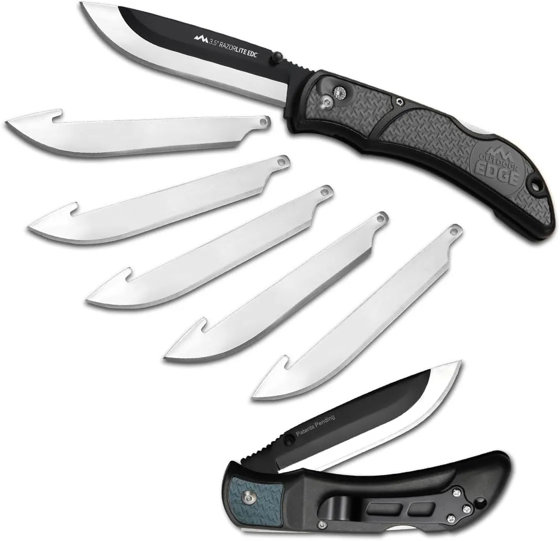 OUTDOOR EDGE 3.5" RazorLite EDC Knife. Pocket Knife with Replaceable Blades and Clip. Perfect For Hunting and Skinning Deer. Gray with 6 Blades