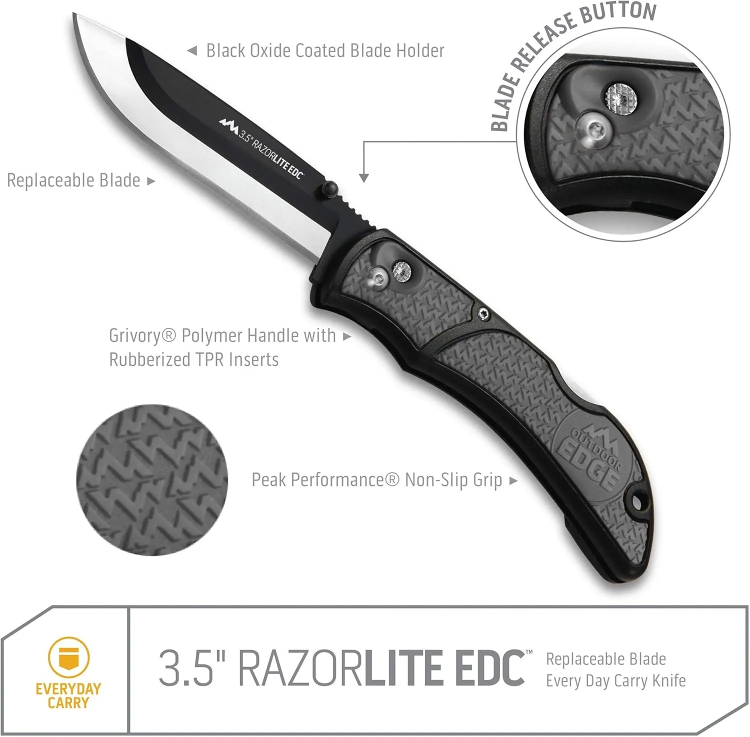 OUTDOOR EDGE 3.5" RazorLite EDC Knife. Pocket Knife with Replaceable Blades and Clip. Perfect For Hunting and Skinning Deer. Gray with 6 Blades