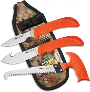 OUTDOOR EDGE WildGuide 4-Piece Hunting Knife Set & Field Dressing Kit | Featuring Razor-Sharp Caping Blade, Gut-Hook Skinning Knife, Bone Saw, in a Camo Nylon Belt Sheath | Butcher Knife Set for Deer
