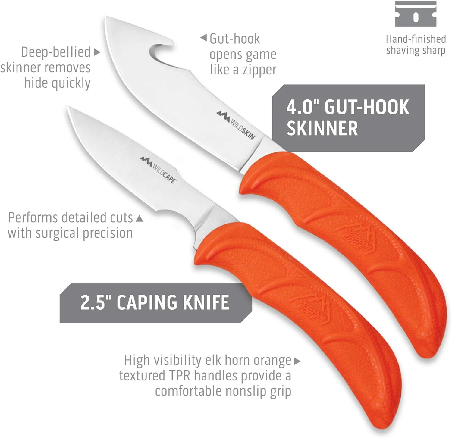 OUTDOOR EDGE WildGuide 4-Piece Hunting Knife Set & Field Dressing Kit | Featuring Razor-Sharp Caping Blade, Gut-Hook Skinning Knife, Bone Saw, in a Camo Nylon Belt Sheath | Butcher Knife Set for Deer