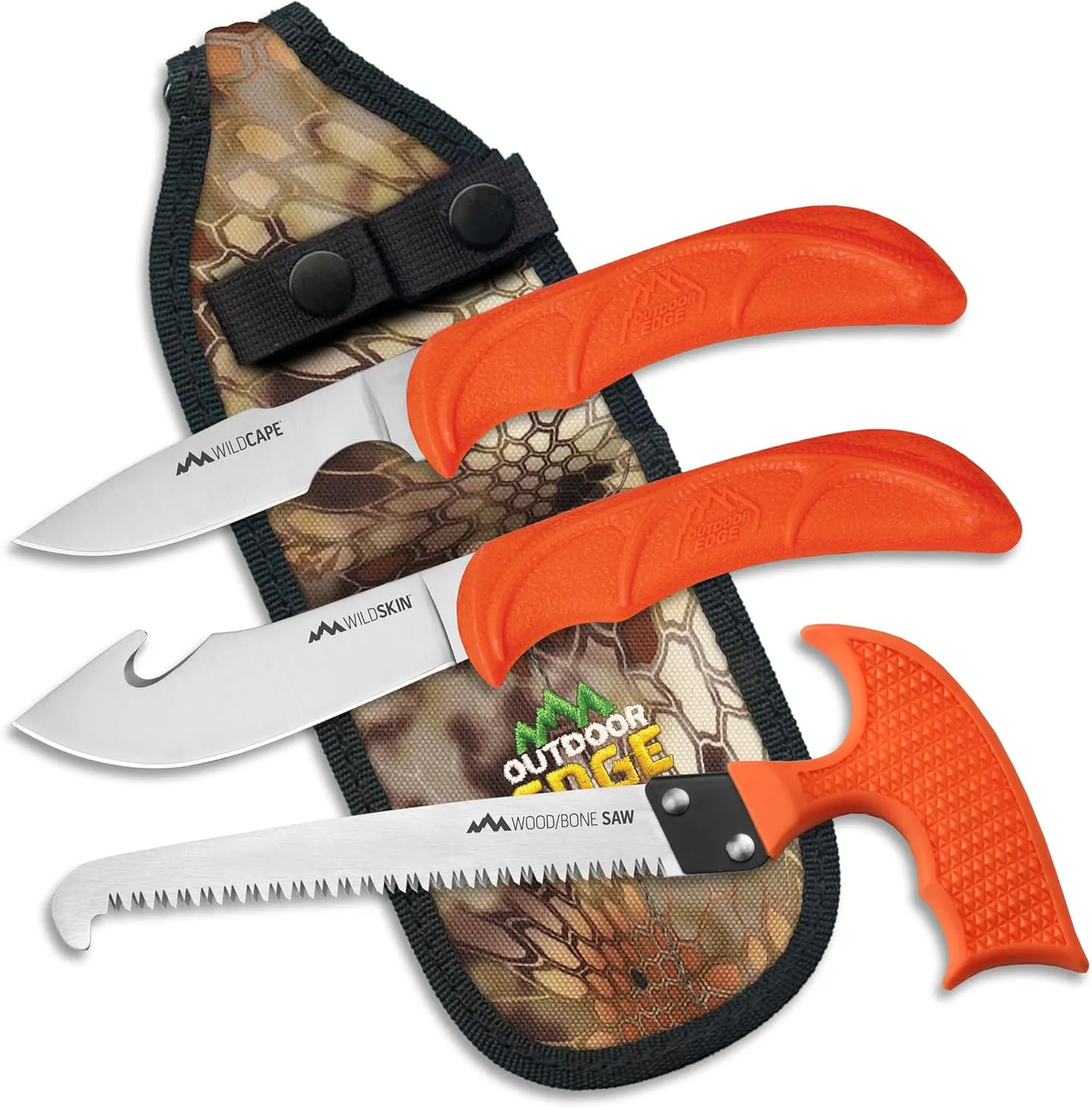 OUTDOOR EDGE WildGuide 4-Piece Hunting Knife Set & Field Dressing Kit | Featuring Razor-Sharp Caping Blade, Gut-Hook Skinning Knife, Bone Saw, in a Camo Nylon Belt Sheath | Butcher Knife Set for Deer