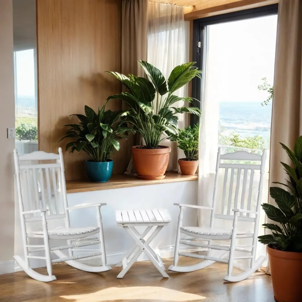Outdoor Patio Rocking Chairs Folding Side Table Set of 3 Piece Porch Wooden Rockers Small Foldable End Table Furniture Indoor Outside Camping Balcony Garden Lawn and Bistro, White