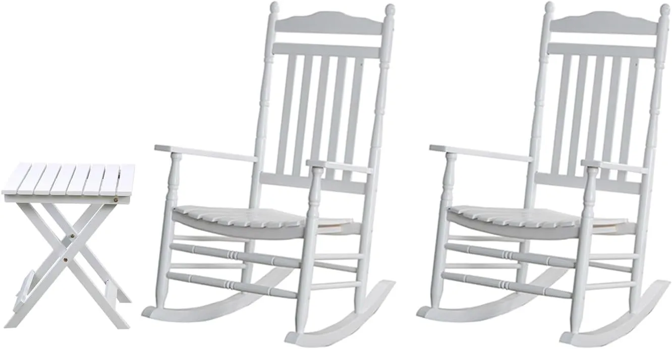 Outdoor Patio Rocking Chairs Folding Side Table Set of 3 Piece Porch Wooden Rockers Small Foldable End Table Furniture Indoor Outside Camping Balcony Garden Lawn and Bistro, White