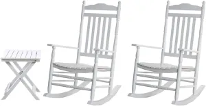 Outdoor Patio Rocking Chairs Folding Side Table Set of 3 Piece Porch Wooden Rockers Small Foldable End Table Furniture Indoor Outside Camping Balcony Garden Lawn and Bistro, White