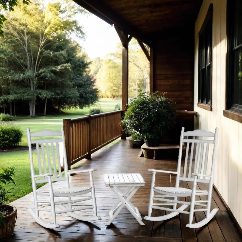 Outdoor Patio Rocking Chairs Folding Side Table Set of 3 Piece Porch Wooden Rockers Small Foldable End Table Furniture Indoor Outside Camping Balcony Garden Lawn and Bistro, White
