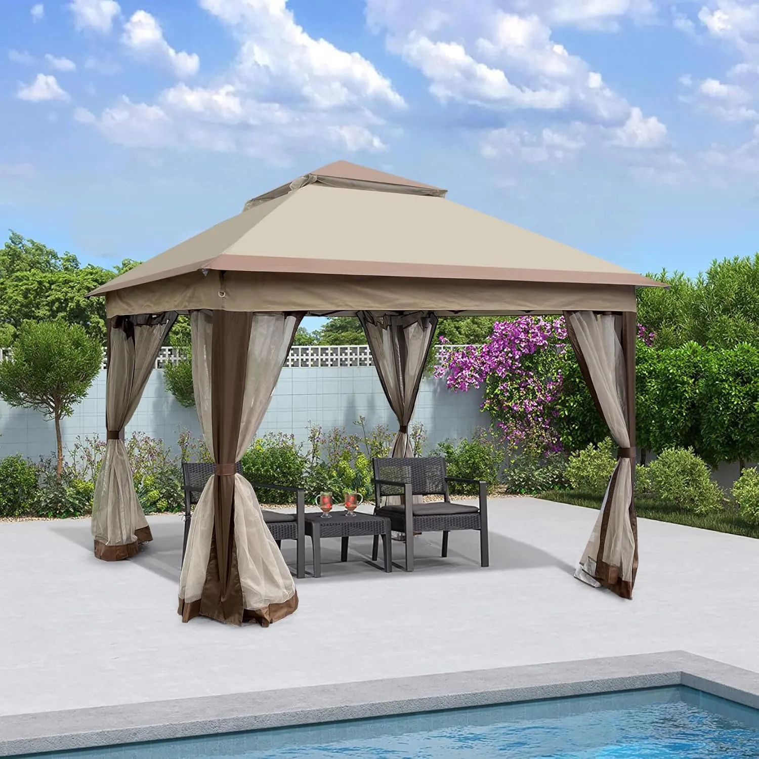 Outdoor Pop Up Gazebo,11x 11 FT Canopy with Removable Zipper Netting,2-Tier Soft Top Event Tent for Patio and Backyard,Coffee